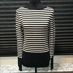 Tart‎ Women’s Black & Cream Striped Cashmere Blend Round Neck Sweater Medium NWT